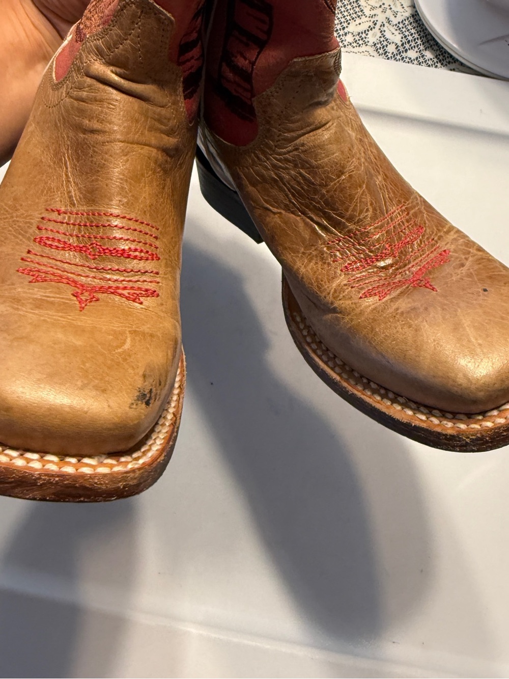 Roper Youth Rodeo Barrel Racer Tan and Pink Leather Cowboy Boots Girls Size 6 - Picture 7 of 12